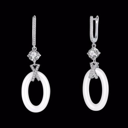 Women Sterling Silver Drop Earrings- 925 Sterling Silver Ellipse Earrings for Women- Ceramic Zirconia Dangler Earrings for Women- Dangler Jewelry Gift - Personalized Jewel