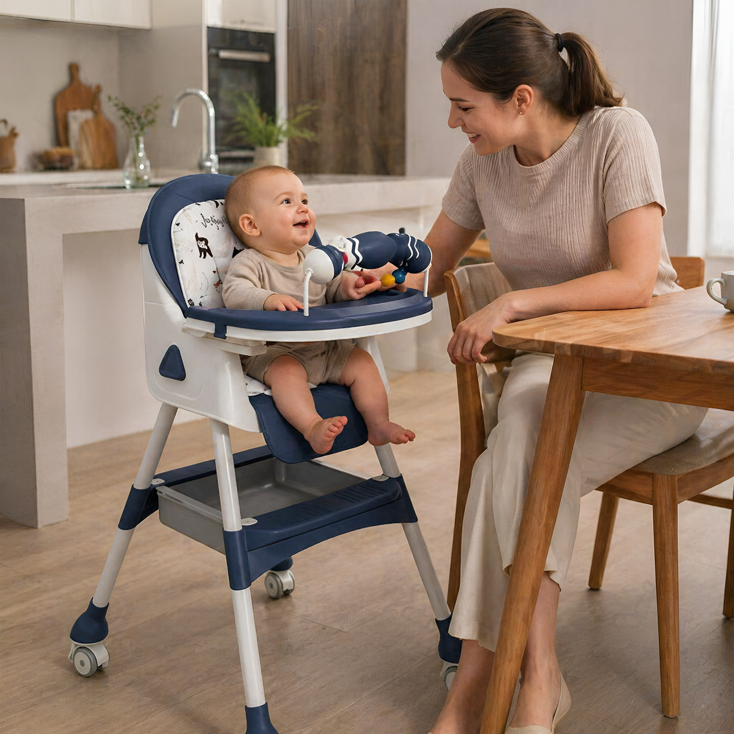 Foldable Adjustable Recline Footrest High Chair With Double Tray And Locking Wheels Gift For Kids