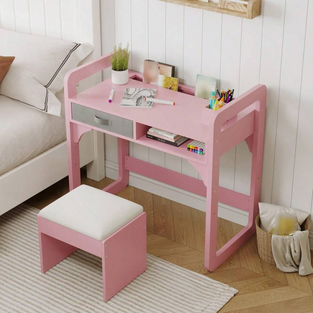 Kids Study Desk And Chair Set With Storage Drawer Soft Stool