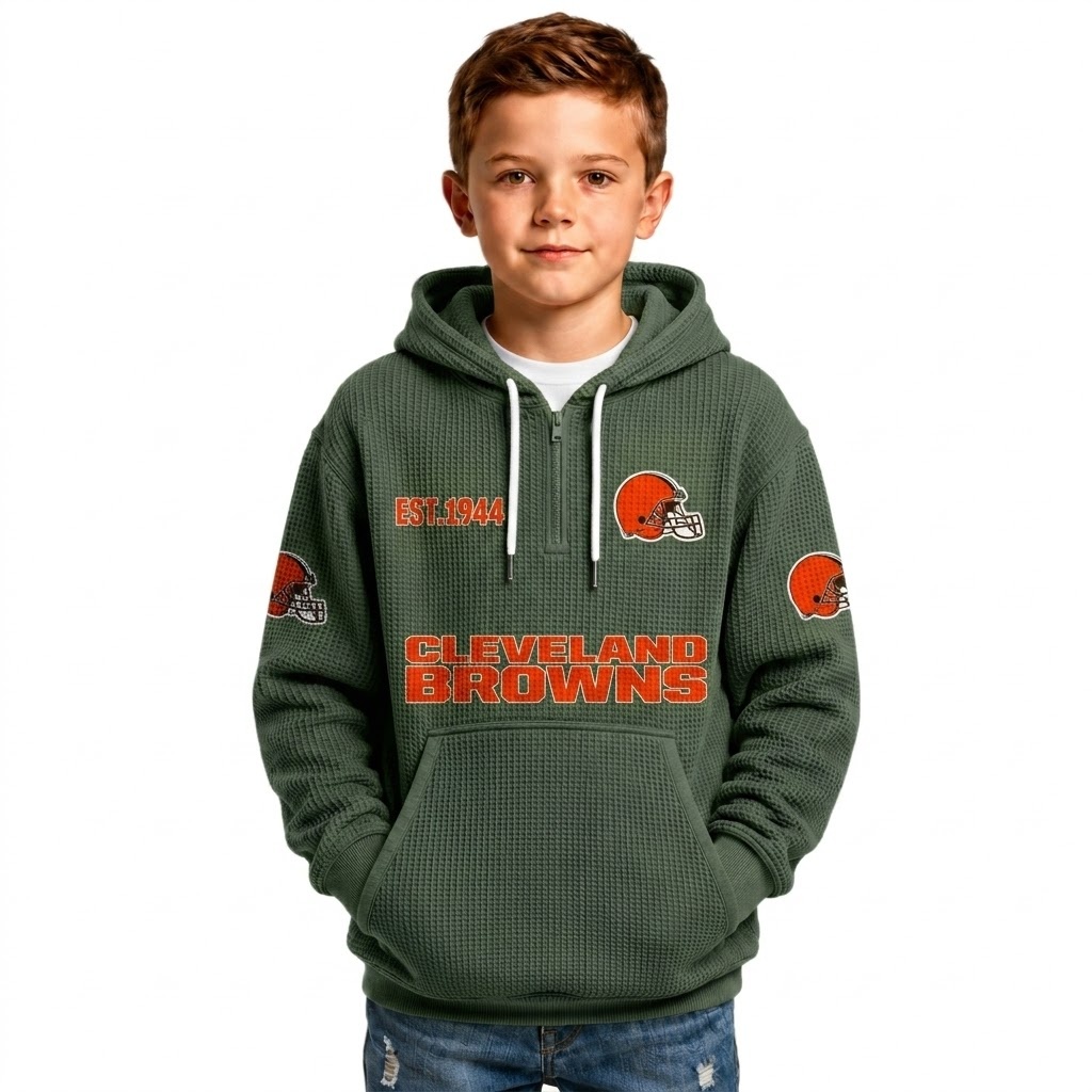 Waffle Quarter Zip Hoodie With Vintage Sports Design For Kids
