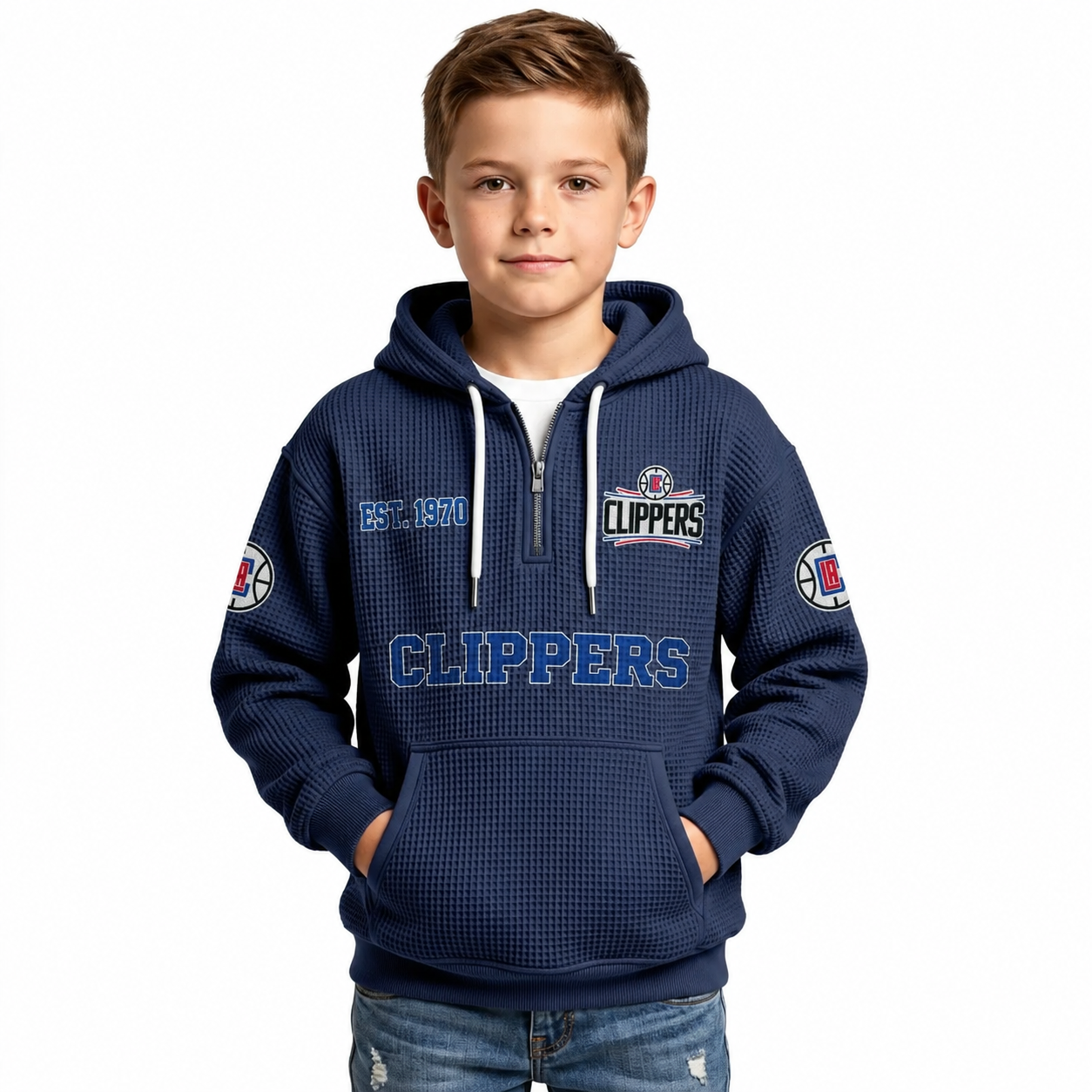 LA Clippers EST 1970 Printed Waffle Quarter Zip Basketball Fan Hoodie For Kids