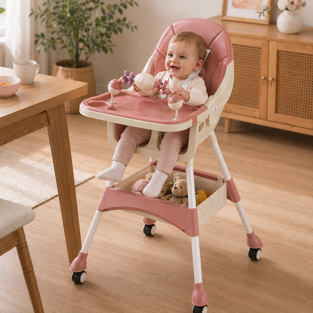 Portable Multi Functional High Chair Lock Wheels For Babies Toddlers