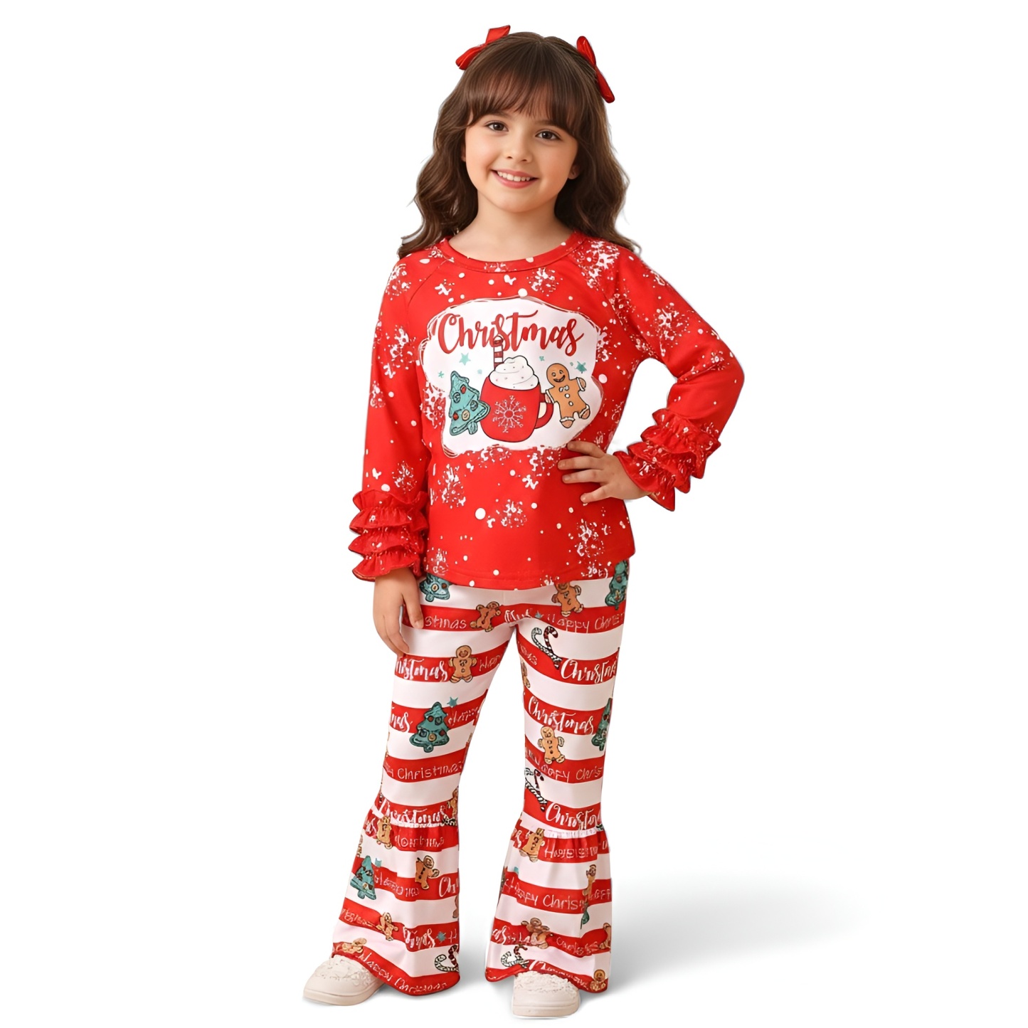 Girls Christmas Style Long Sleeve Top And Flared Pants Set