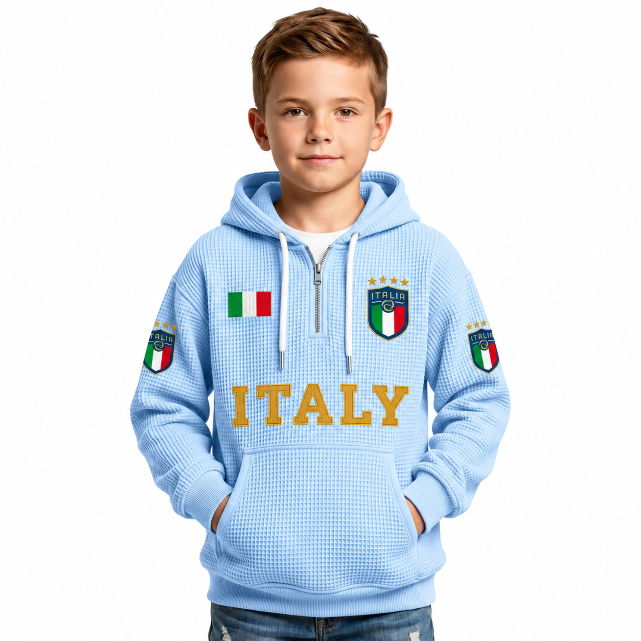 Italy Printed Waffle Quarter Zip Football Fan Hoodie For Kids