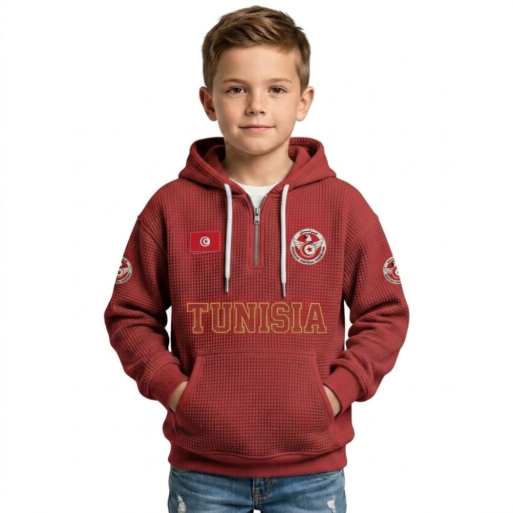 Tunisia Printed Waffle Quarter Zip Football Fan Hoodie For Kids