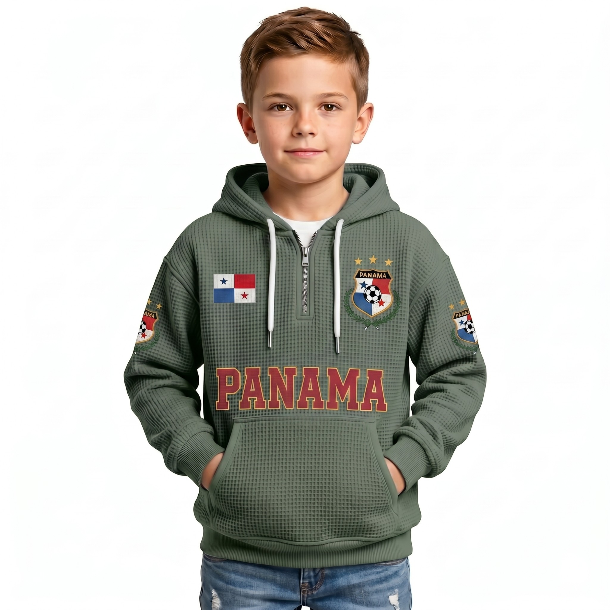 Panama Printed Waffle Quarter Zip Football Fan Hoodie For Kids