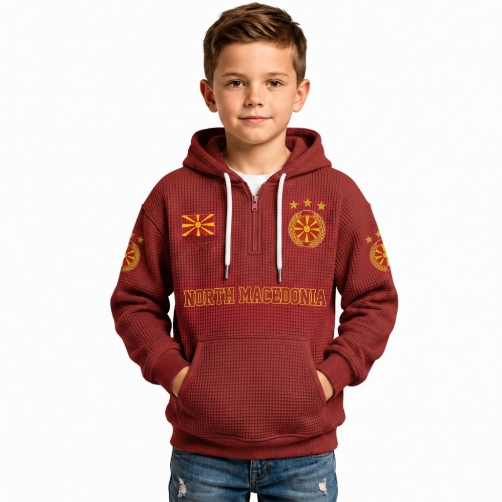 North Macedonia Printed Waffle Quarter Zip Football Fan Hoodie For Kids