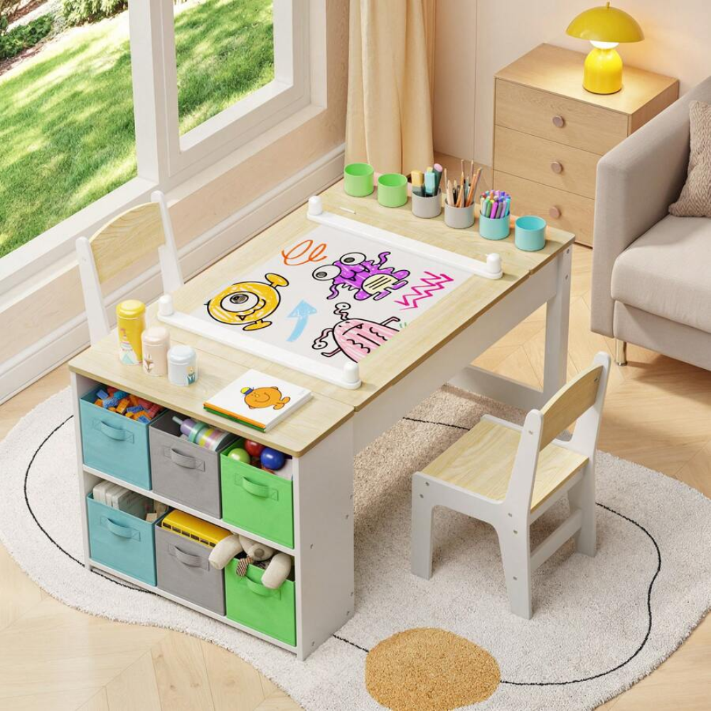 Multipurpose Kids Play Table And Chair Set With Built In Storage Shelves