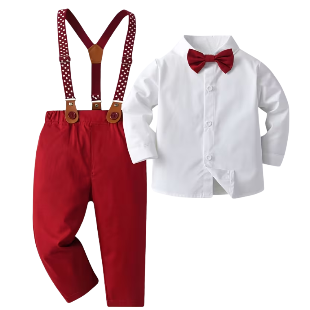 Two Piece Suit With Lapel Bow Tie Shirt And Suspender Pants