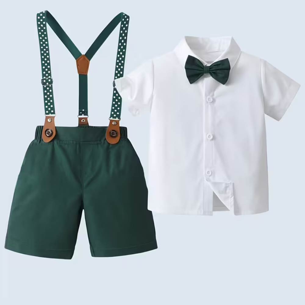 Formal Outfit Set With Short Sleeve Shirt Bowtie And Suspender Shorts