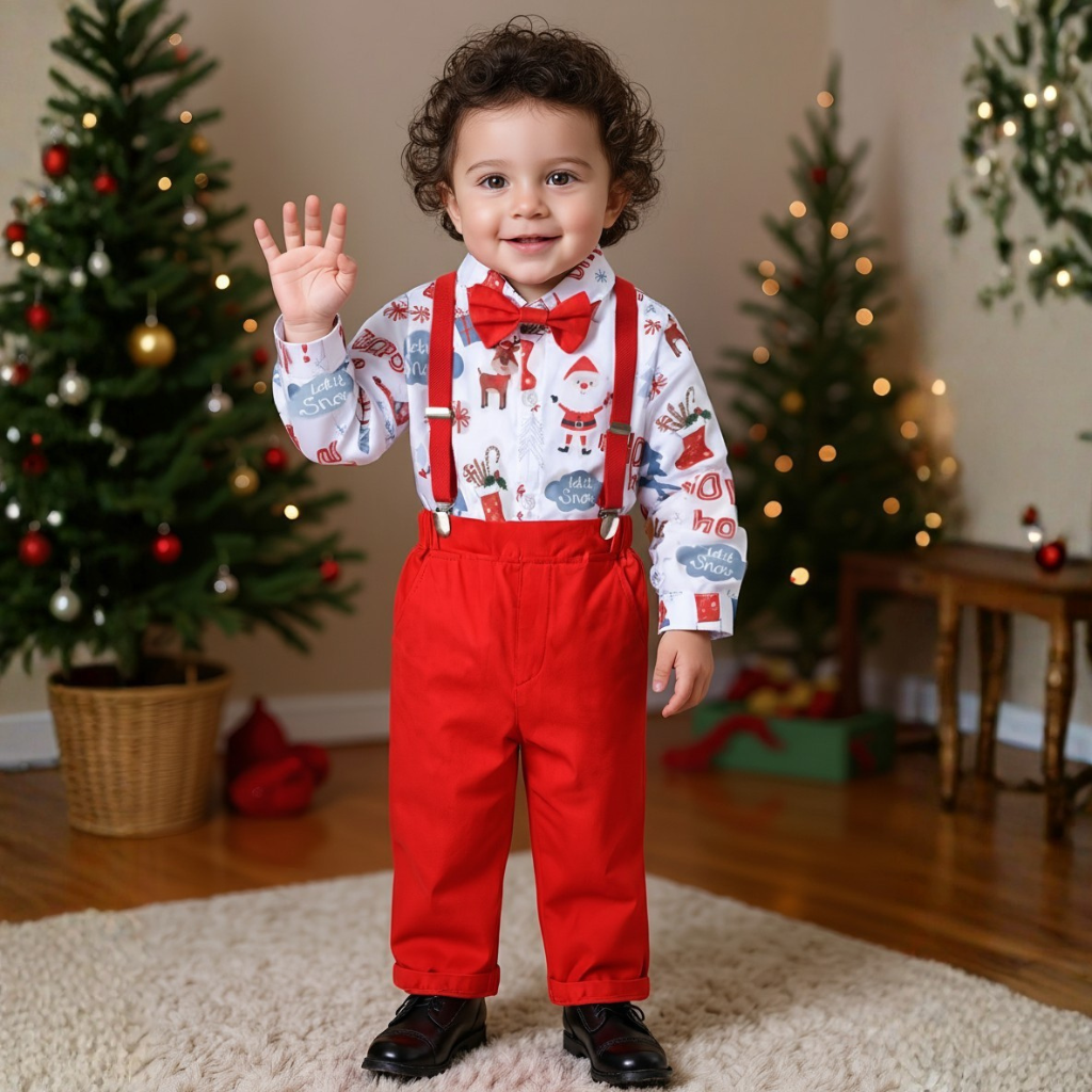 Christmas Festive Printed Shirt And Suspender Pants Outfit Set With Bo