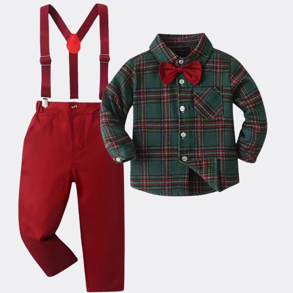 Plaid Shirt With Bow Tie And Suspender Pants 2 Piece Set For Baby Boys