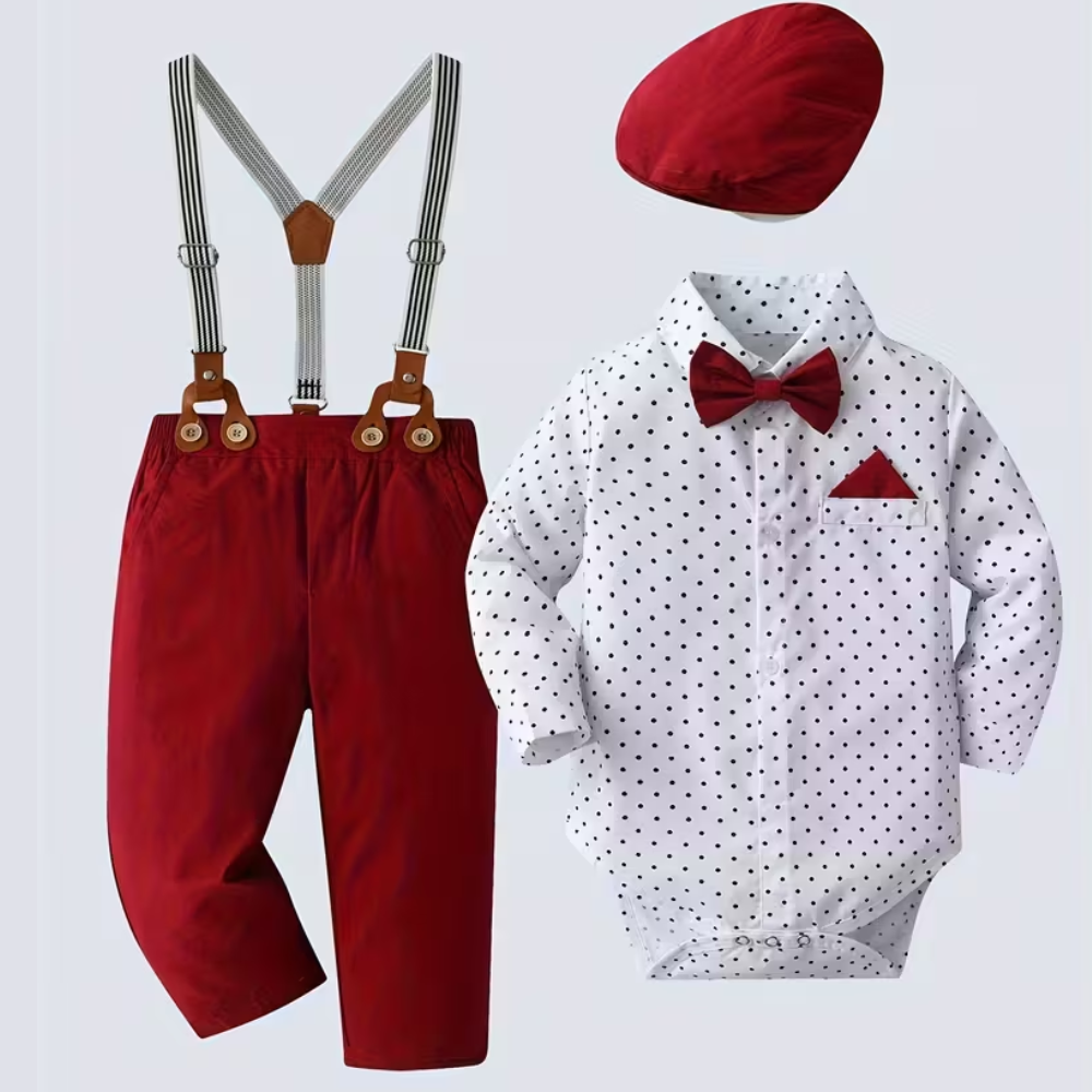 2 Piece Of Gentleman Outfit With Bow Tie Shirt And Suspender Pants Set For Boys