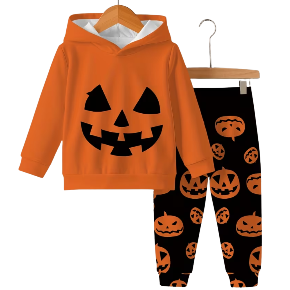 Pumpkin Print Hoodie And Pants Set For Kids