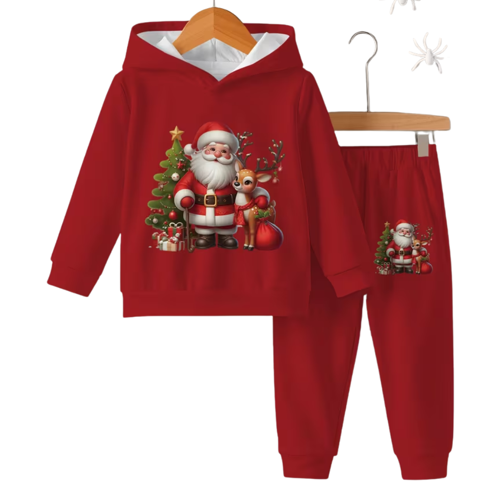 Christmas Santa And Elves Print Hoodie Pants Set For Boys