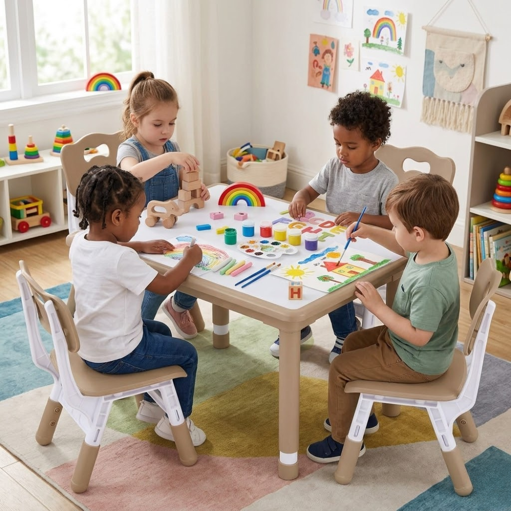 Kids Height Adjustable Activity Table 4 Chairs Set For Home