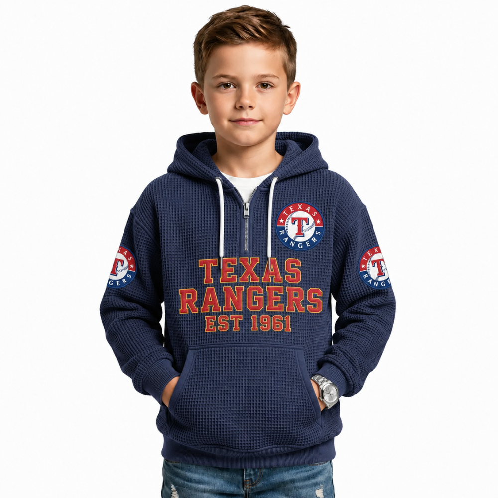 Texas Rangers EST 1961 Printed Waffle Quarter Zip Baseball Fan Hoodie For Kids