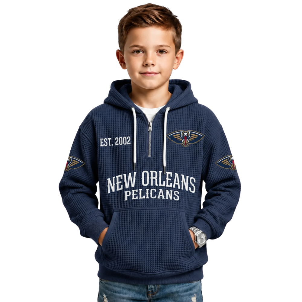 New Orleans Pelicans EST 2002 Printed Waffle Quarter Zip Basketball Fan Hoodie For Kids