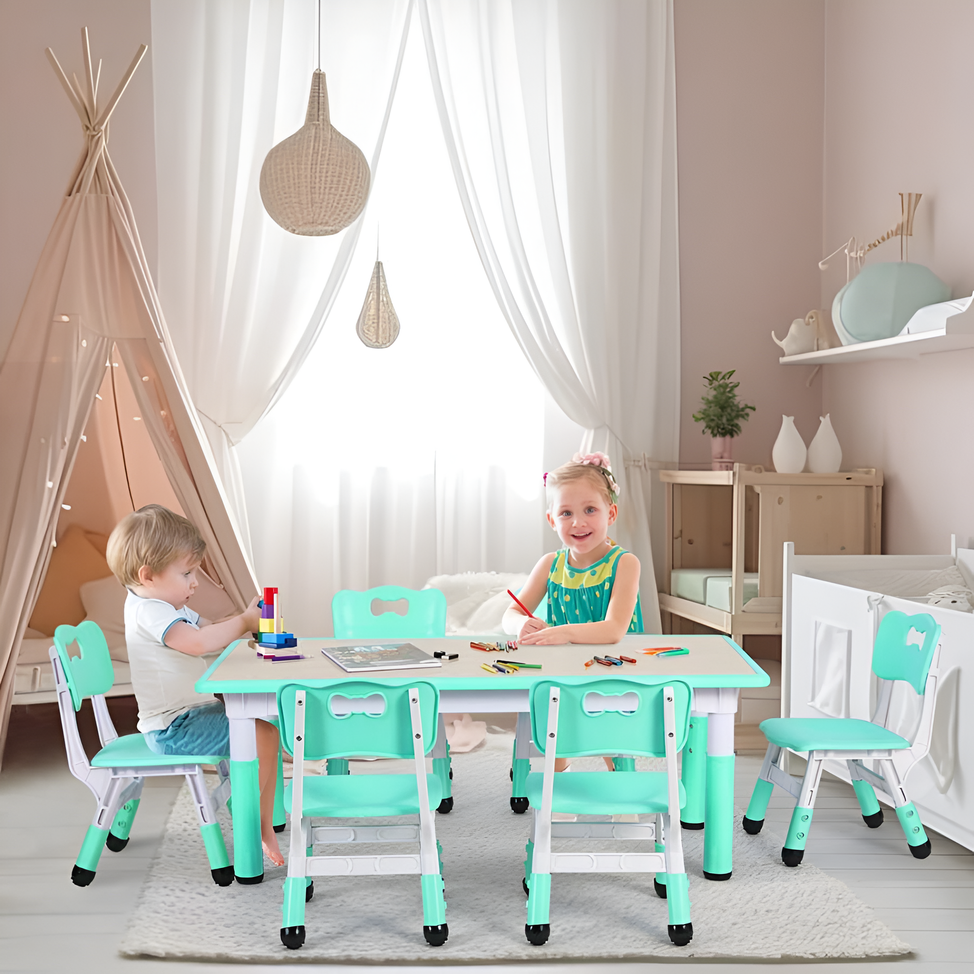 Kids Table And 6 Chairs Set Height Adjustable Table Preschool Activity Art Craft Table