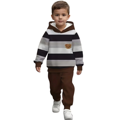 Striped Hoodie And Pants Set With Bear Design For Boys