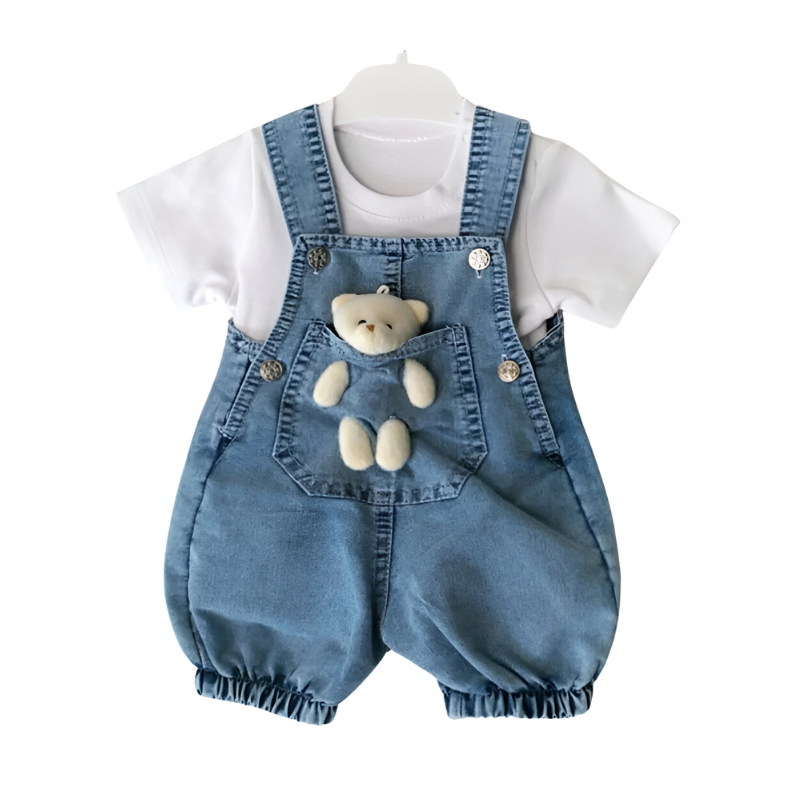 Denim Overall With Plush Bear Jumpsuit For Baby-Cozy Stroller