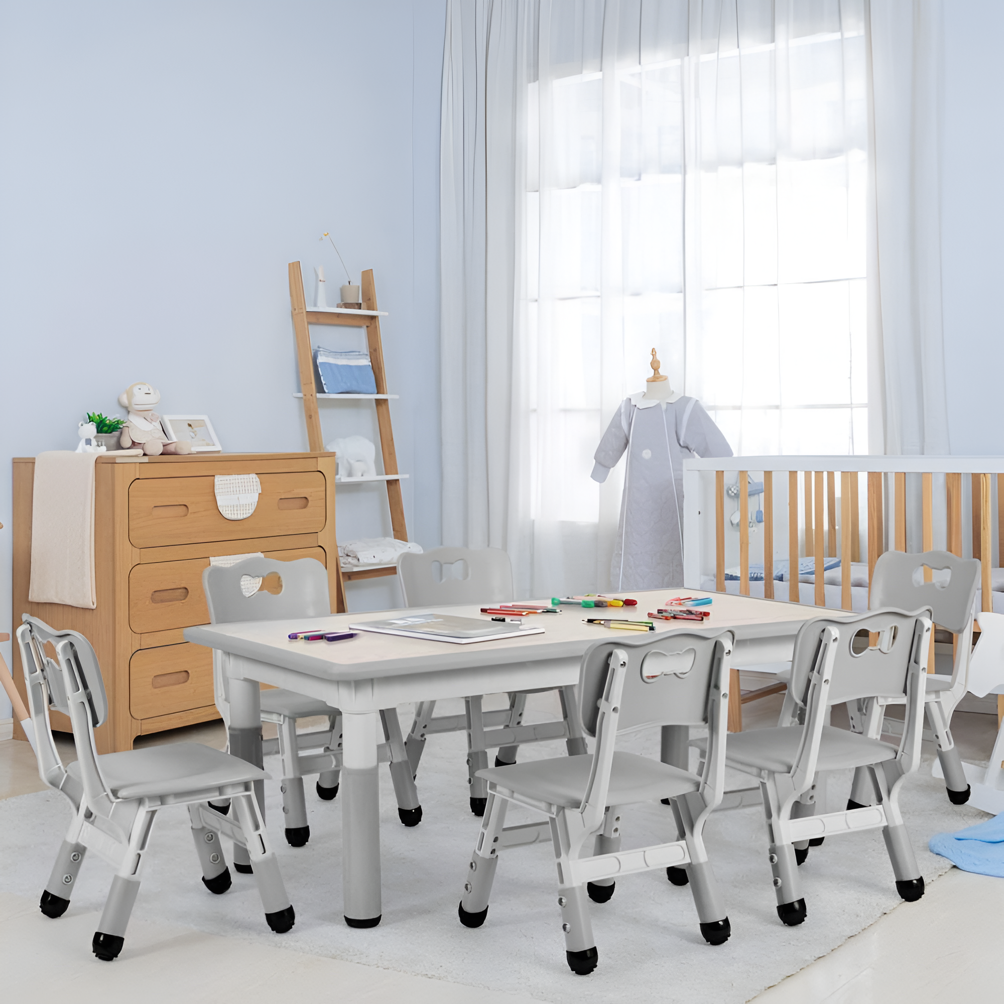 Kids Table And 6 Chairs Set Height Adjustable Table Preschool Activity Art Craft Table