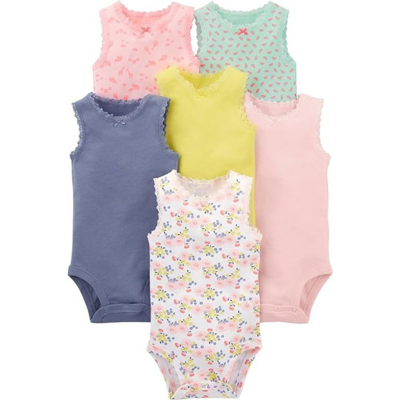 Baby Girls 6 Pack Assorted Pattern Sleeveless Bodysuits