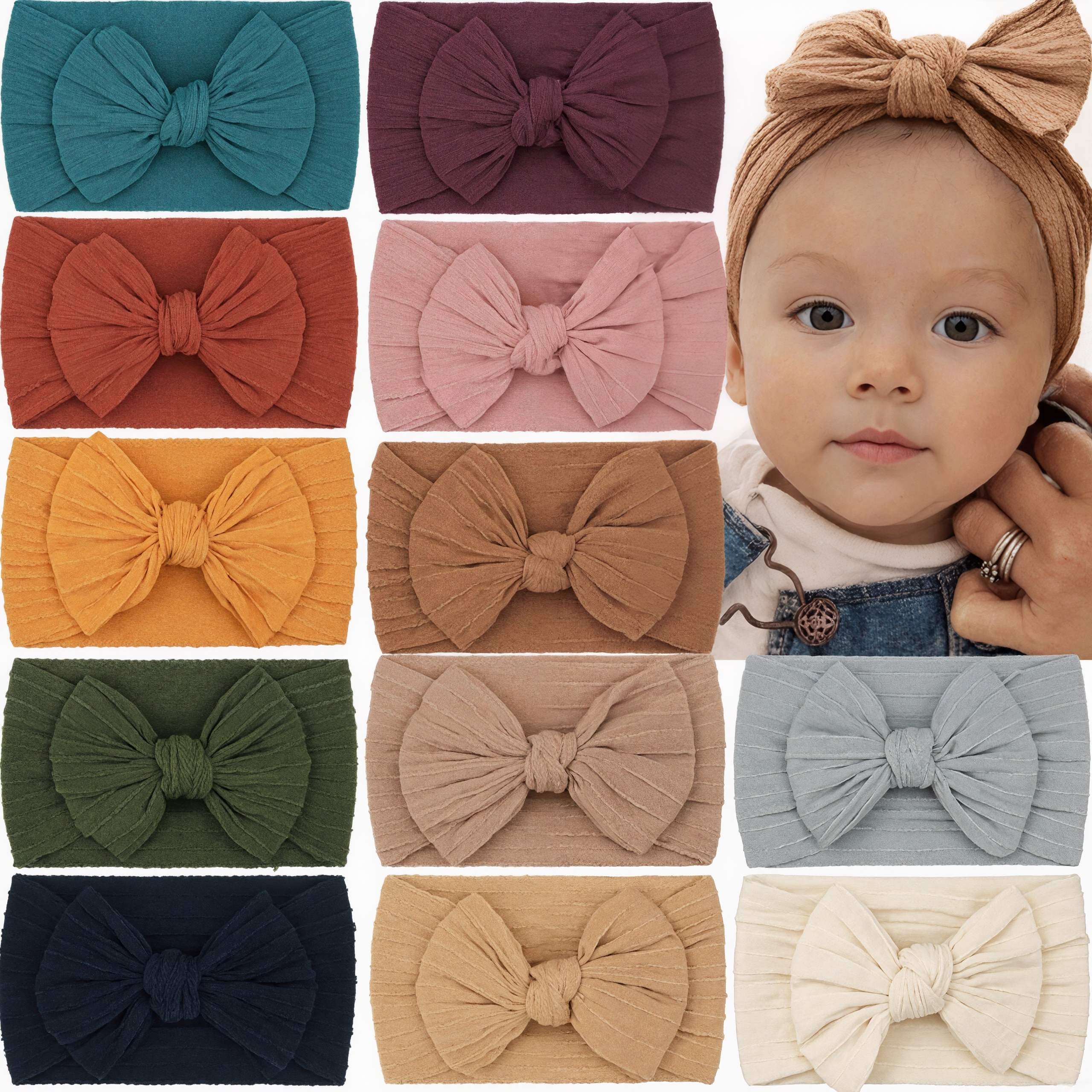 12 Pieces Stretchy Soft Knot Headbands With Hair Bows For Toddlers