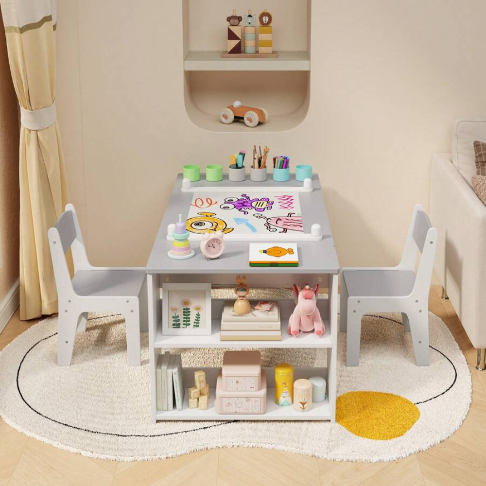 Multipurpose Kids Play Table And Chair Set With Built In Storage Shelves