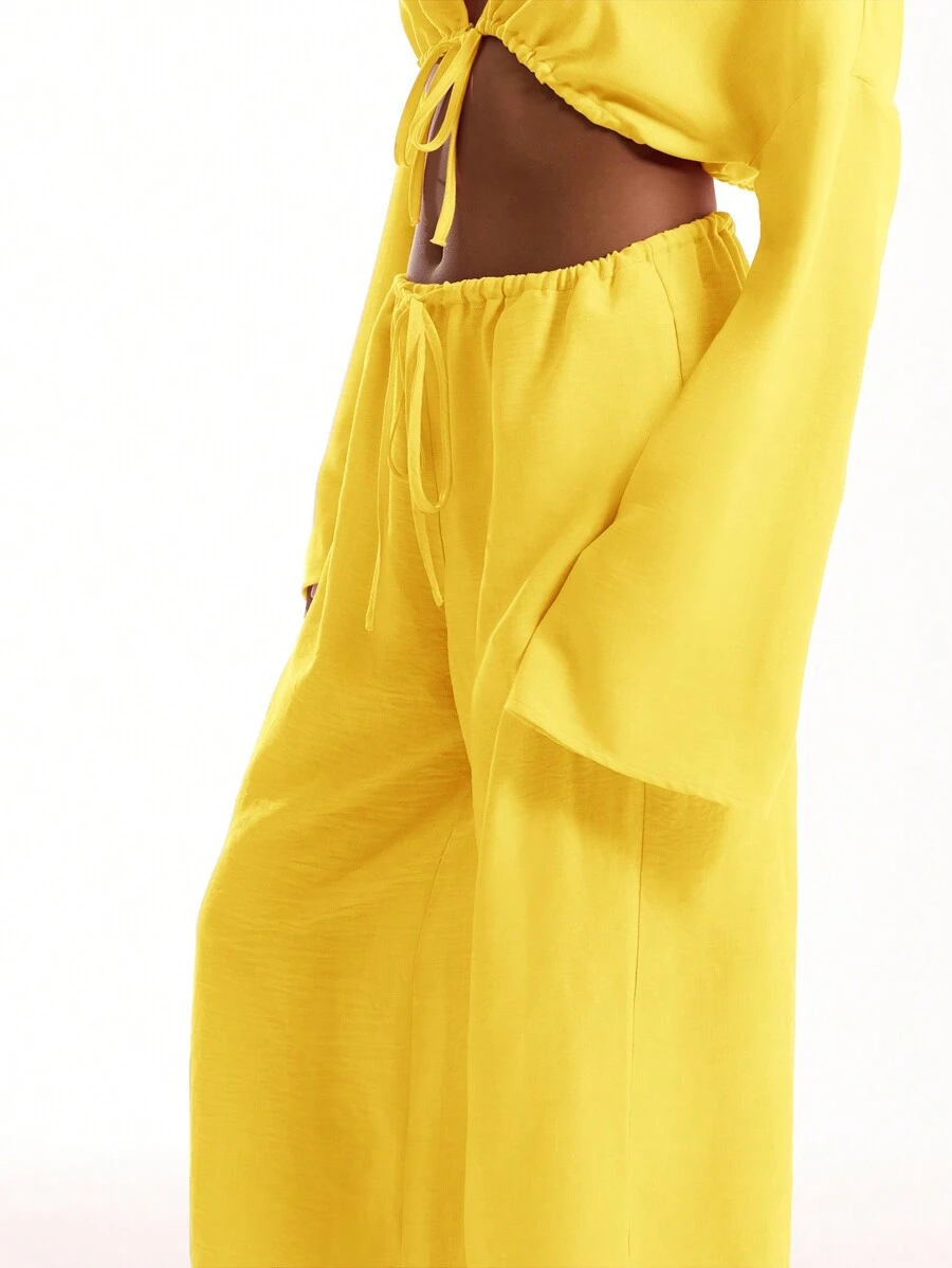MUSERA Tie Front Linen Feel Beach Trousers Vacation Summer Boho Elegant Holiday Airport Party Fall Casual - Yellow - View 5