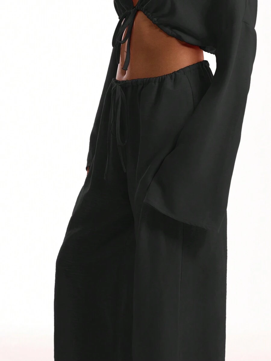 MUSERA Tie Front Linen Feel Beach Trouser Vacation Summer Elegant Holiday Airport Boho Fall Party Spring Casual - Black - View 5