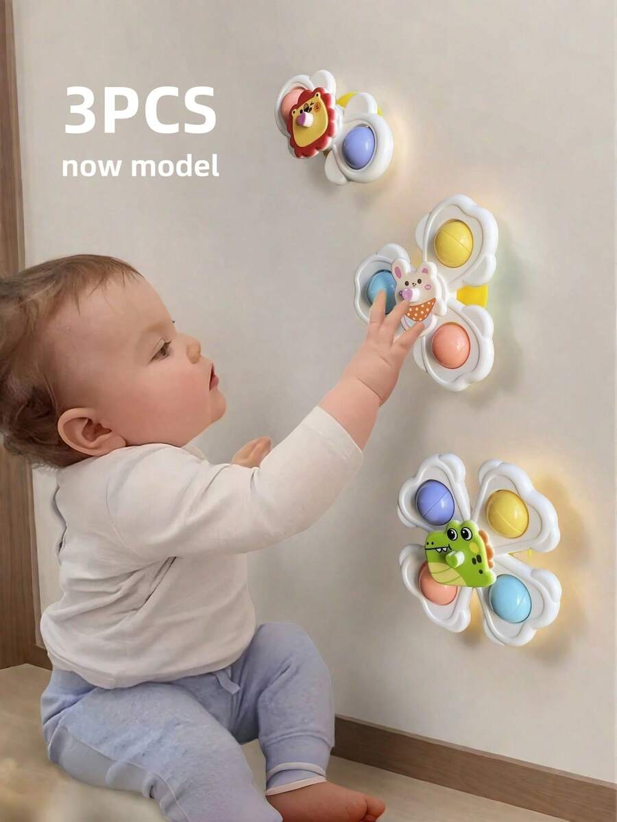 3pcs Suction Cup Rotating Toys, Baby And Toddler Sensory Fidget Toys, Suitable For Bath And High Chair Baby Sensory Toys, Great Gift For Toddlers - 3pcs - View 2