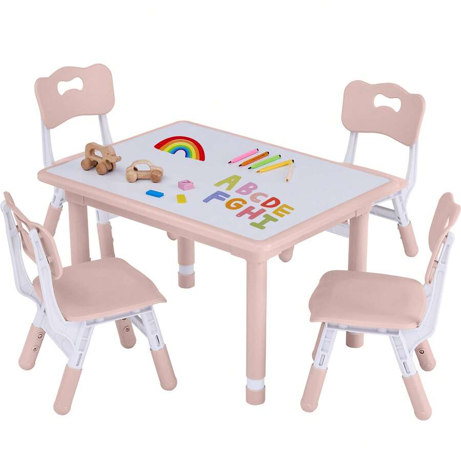 Kids Height Adjustable Activity Table 4 Chairs Set For Home