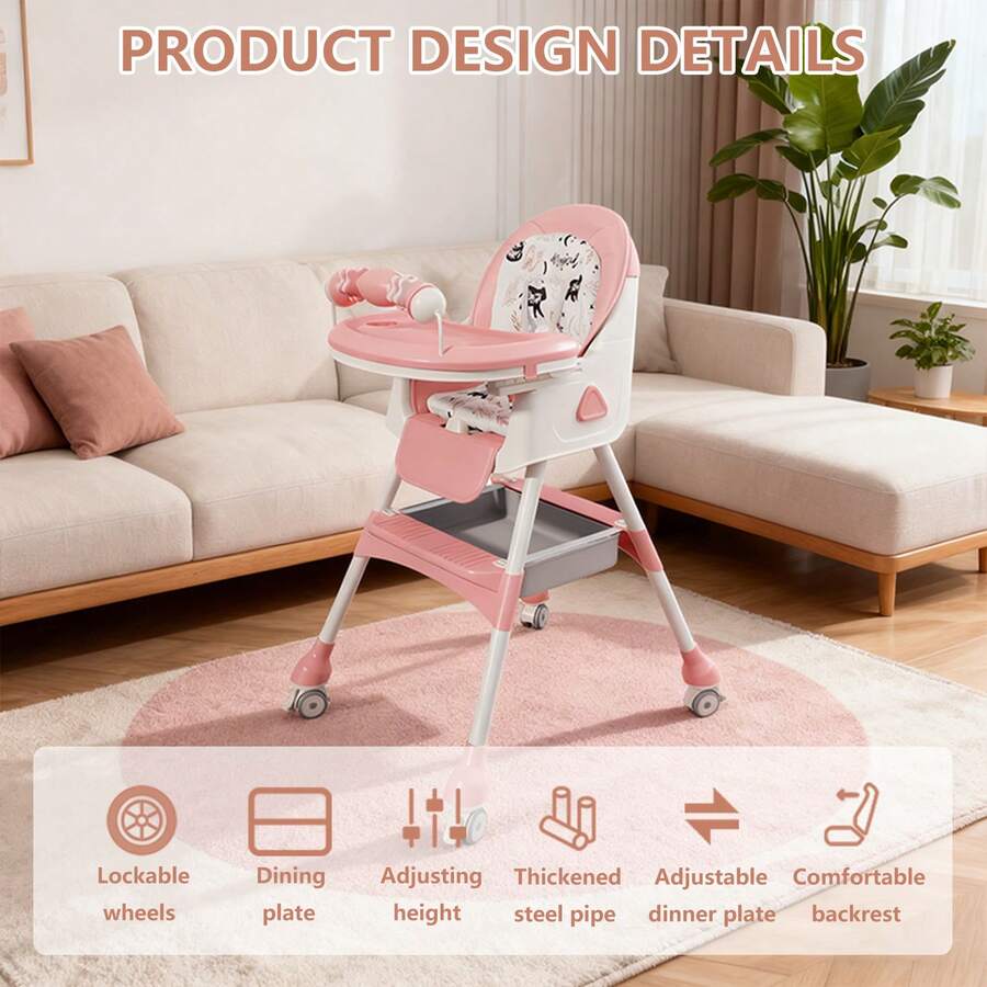 Foldable Adjustable Recline Footrest High Chair With Double Tray And Locking Wheels Gift For Kids