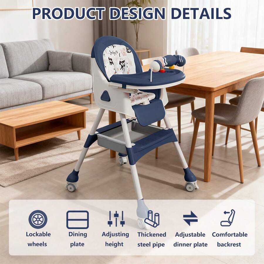 Foldable Adjustable Recline Footrest High Chair With Double Tray And Locking Wheels Gift For Kids