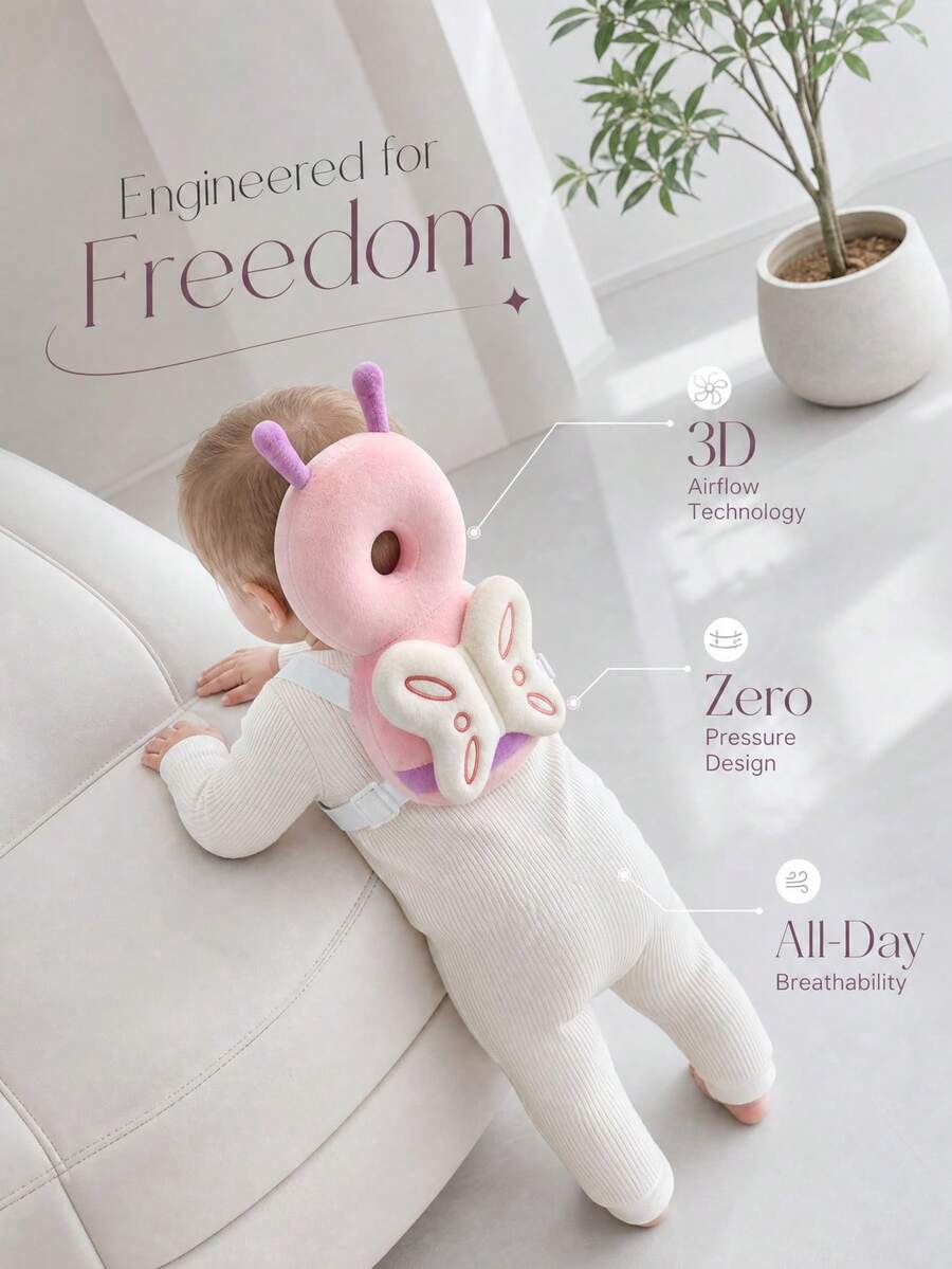 Upgraded Baby Anti-Fall Pillow, Thickened & Widened Toddler Walking Protection Pad, Baby Head Protection Cushion Suitable For Toddlers Learning To Walk And Crawl, Adjustable Baby Head Protection Pad, Breathable Head Protection Pillow, Anti-Fall Pillow, Infant & Toddler Walking Supplies, Upgraded Thickened Cartoon Butterfly Design Anti-Fall Head Pad - Butterflies Flutter - View 4