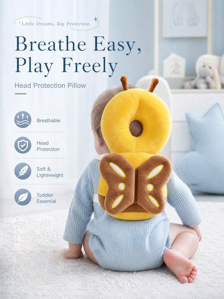 Upgraded Baby Anti-Fall Pillow, Thickened & Widened Walking Protection Pad, Baby Head Protection Pillow Suitable For Toddlers Learning To Walk And Crawl, Adjustable Baby Head Protection Pad, Breathable Head Protection Pillow, Anti-Fall Pillow, Head Protection Pad, Upgraded Thickened Cartoon Butterfly Design Anti-Fall Head Pad For Infants And Toddlers - Brown Butterfly - View 8