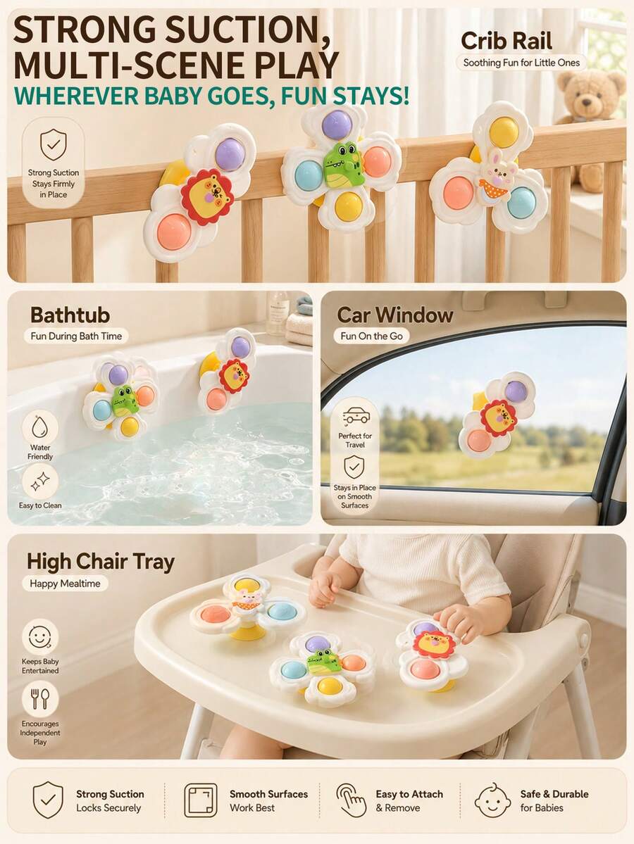 3pcs Suction Cup Rotating Toys, Baby And Toddler Sensory Fidget Toys, Suitable For Bath And High Chair Baby Sensory Toys, Great Gift For Toddlers - 3pcs - View 11