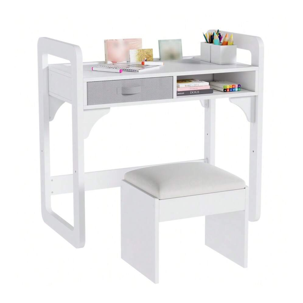 Kids Study Desk And Chair Set With Storage Drawer Soft Stool