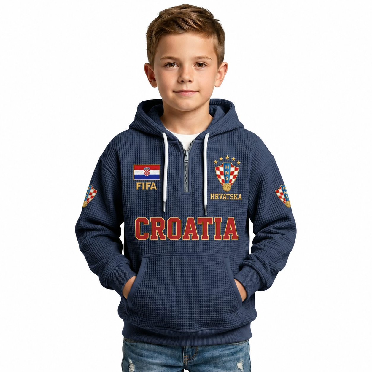 FIFA 2026 Croatia Printed Waffle Quarter Zip Football Fan Hoodie For Kids