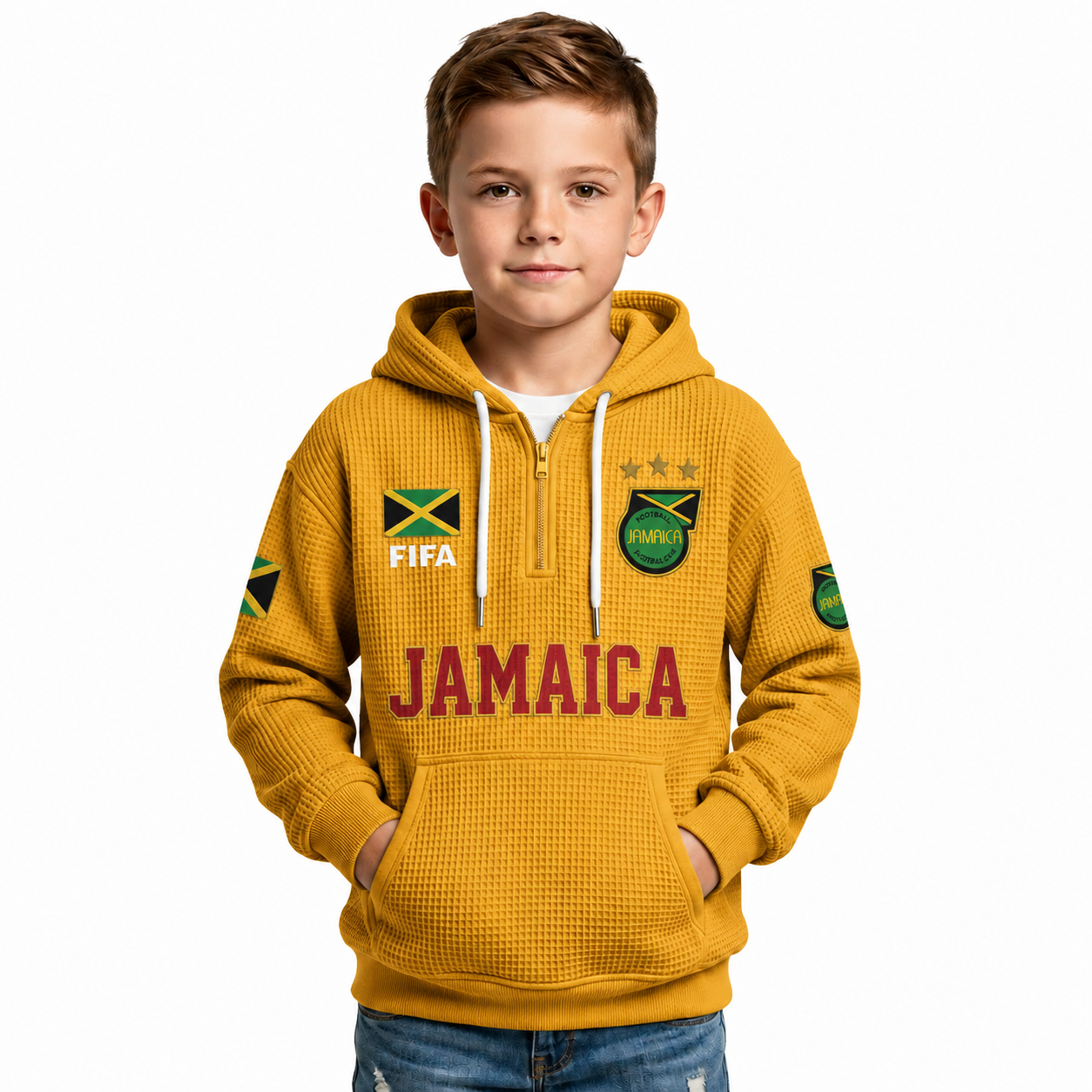 FIFA 2026 Jamaica Printed Waffle Quarter Zip Football Fan Hoodie For Kids