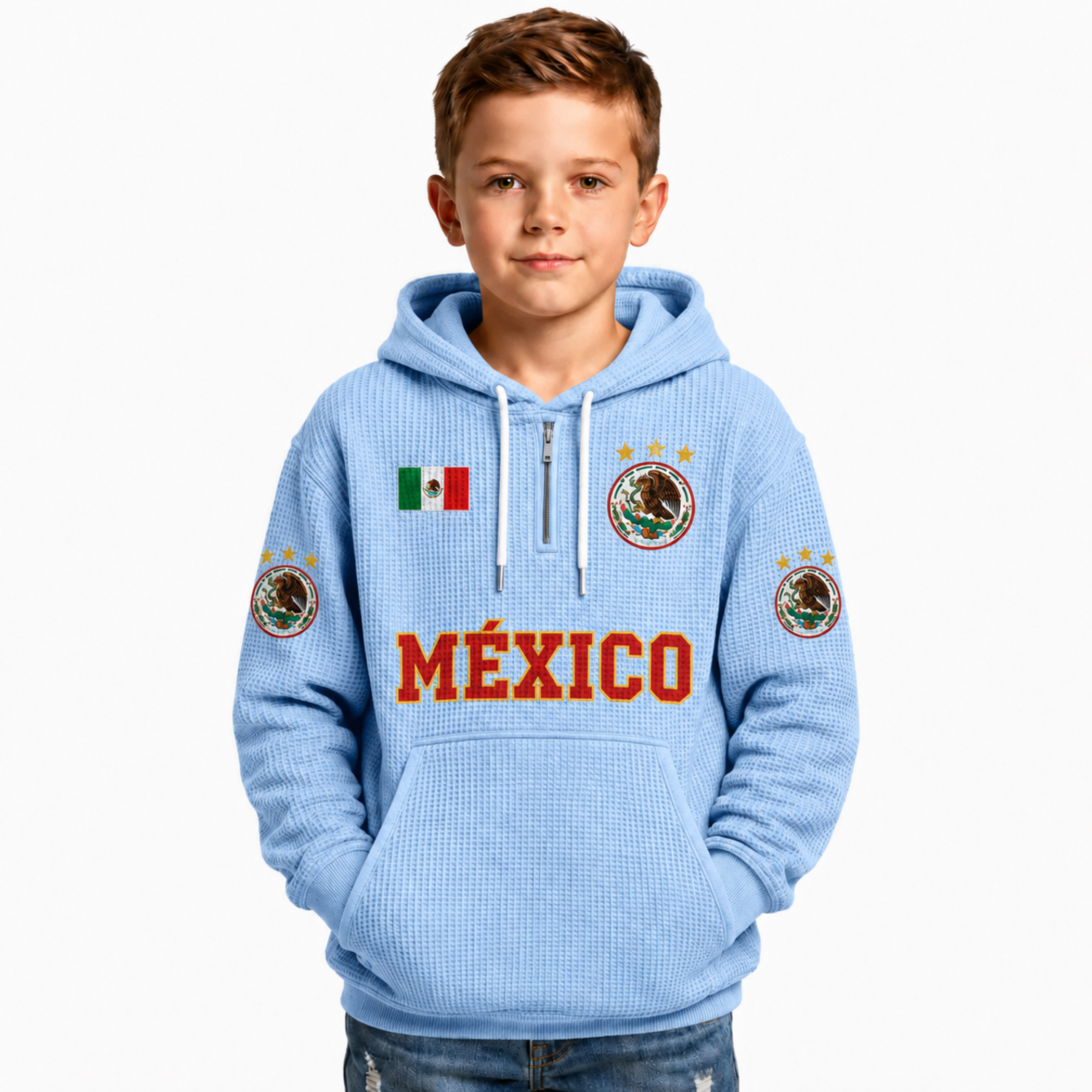 Mexico Printed Waffle Quarter Zip Football Fan Hoodie For Kids