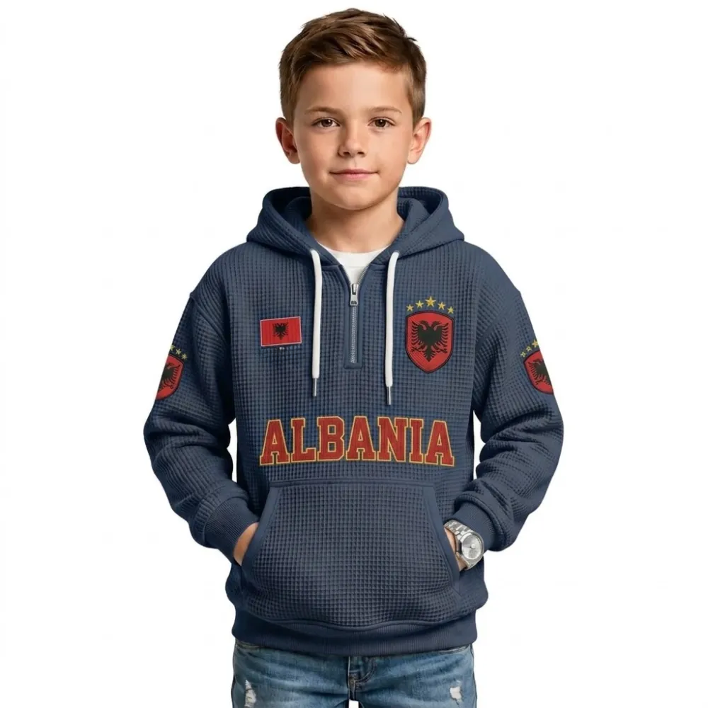 Albania Printed Waffle Quarter Zip Football Fan Hoodie For Kids