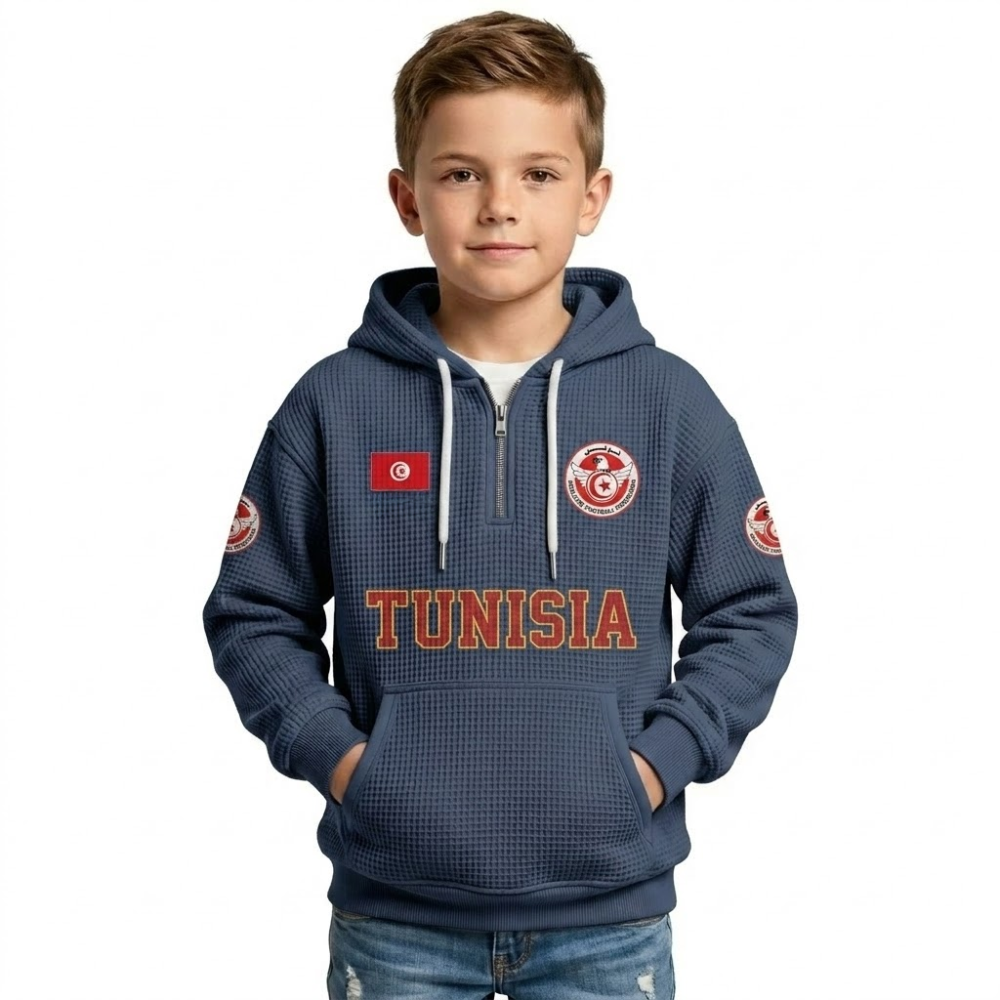 Tunisia Printed Waffle Quarter Zip Football Fan Hoodie For Kids