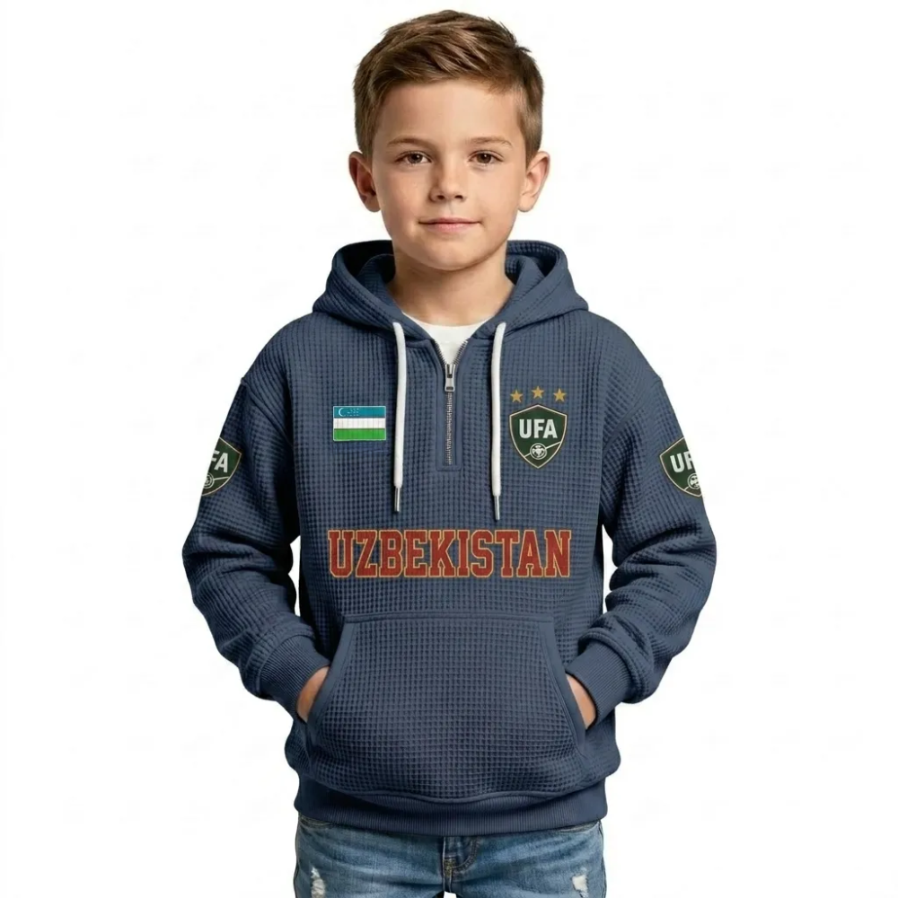 Uzbekistan Printed Waffle Quarter Zip Football Fan Hoodie For Kids