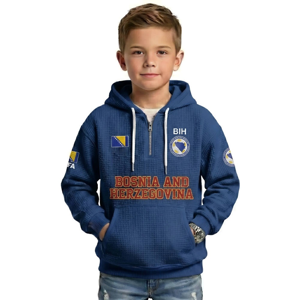 Bosnia And Herzegovina Printed Waffle Quarter Zip Football Fan Hoodie For Kids