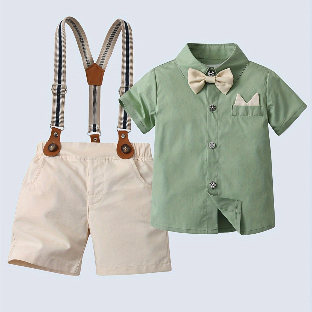 Classic Two Piece Outfit With Shirt Bow Tie And Suspenders Shorts