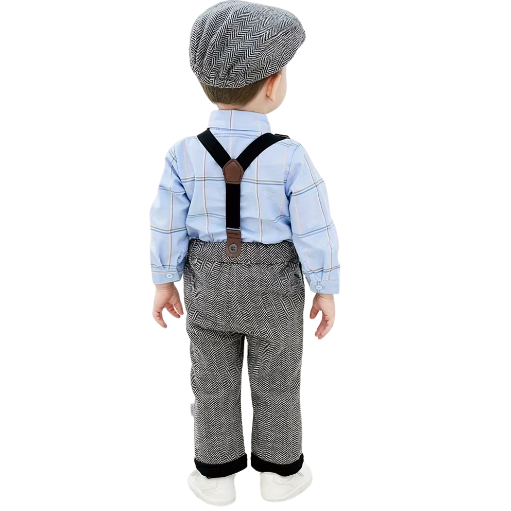 Formal Two Piece Set with Plaid Shirt And Suspender Pants With Hat And Bow Tie
