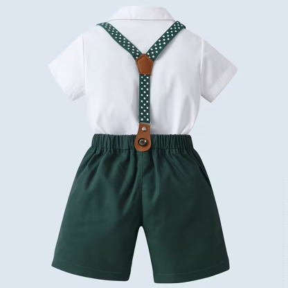 Formal Outfit Set With Short Sleeve Shirt Bowtie And Suspender Shorts