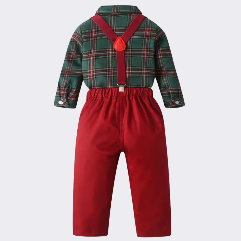 Plaid Shirt With Bow Tie And Suspender Pants 2 Piece Set For Baby Boys